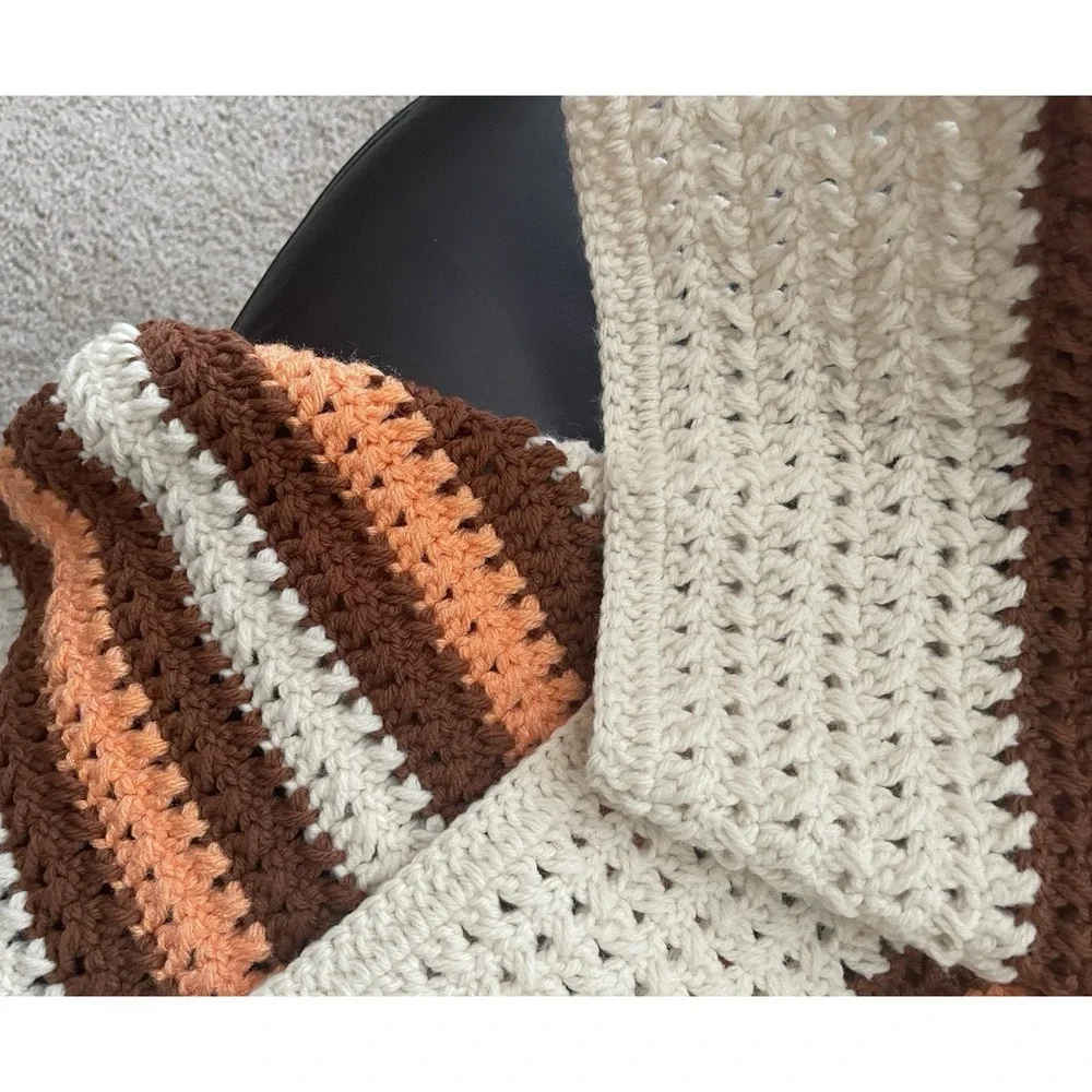 Handmade Ivory Peach Brown Crochet Vtg Fall Afghan Throw Blanket Striped 44